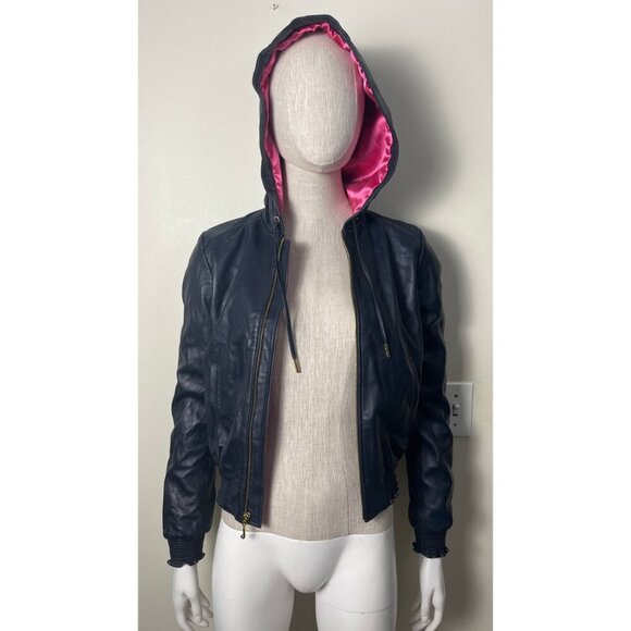 JUICY COUTURE LAMBSKIN LEATHER NAVY HOODIE JACKET XS - Picture 16 of 16